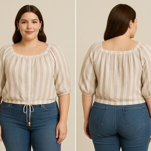 Calligraphie Women’s XL Striped Peasant Top Beige/White Button Front Drawstring